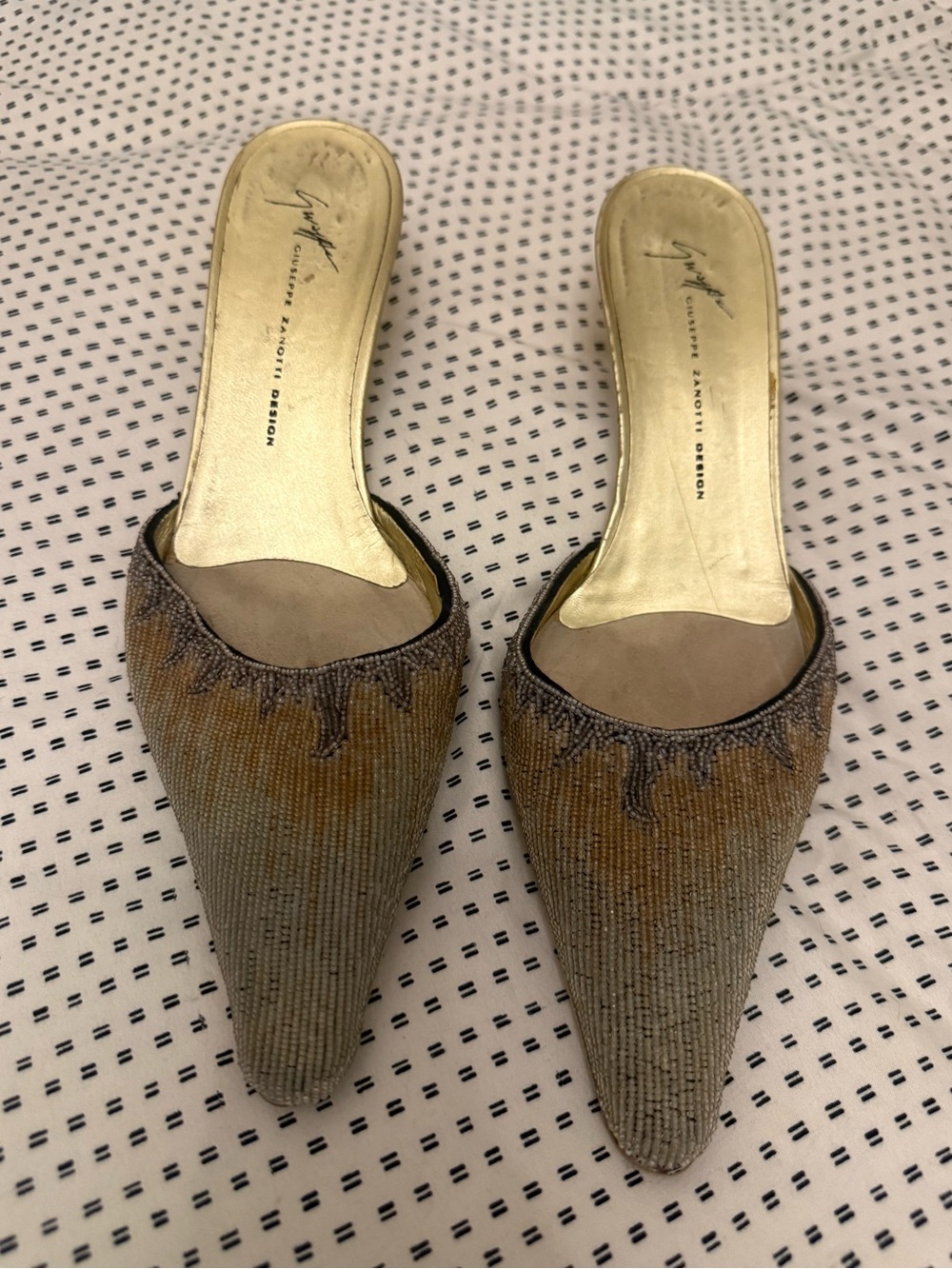 Giuseppe Zanotti Gold and Taupe Beaded Pointed Mules